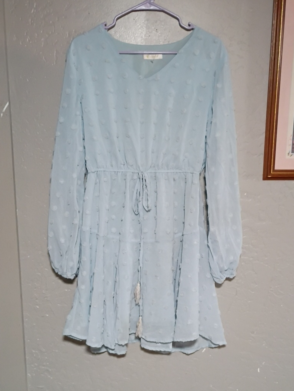 Light Blue Swiss Dot Mini Dress with Tie Waist